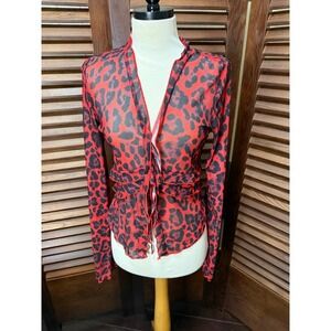 Women's Red Black Leopard Print Mesh Ruffle Front Cardigan Top Shirt